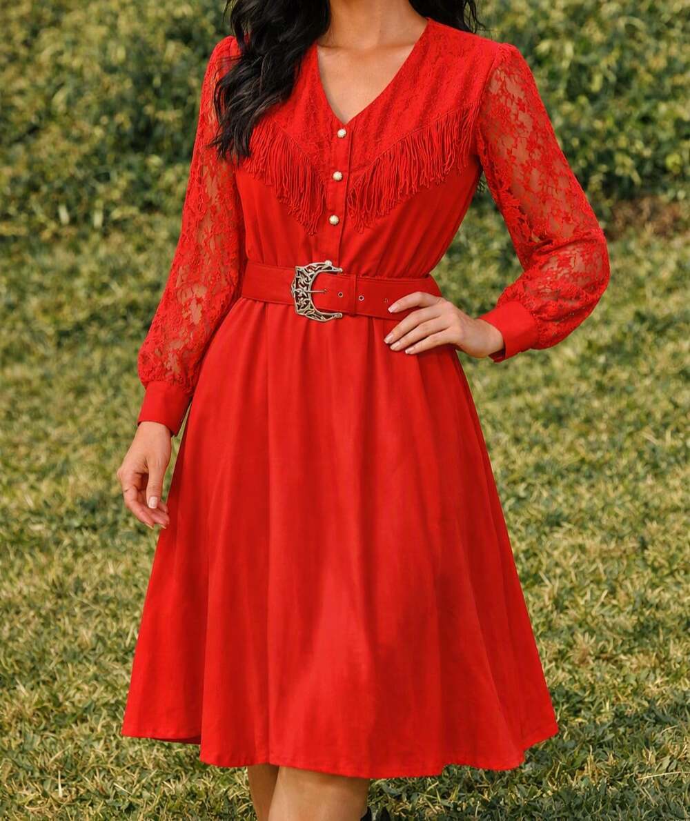 LILIA SMITY Vintage Western Dress Cowgirl Maxi Red Fringed Stud Buttons 9/10 - Picture 1 of 11